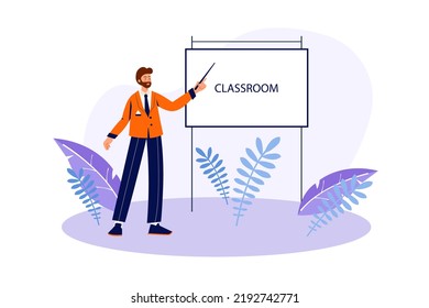 School Learning Concept With People Scene In The Flat Cartoon Design. Teacher Explains On The Whiteboard The Rules Of Behavior In The Classroom. Vector Illustration.