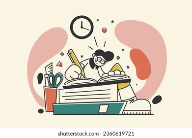 School learning concept with people scene in flat retro design for web. Pupil writing notes and doing homeworks, preparing to lessons. Vector illustration for social media banner, marketing material.