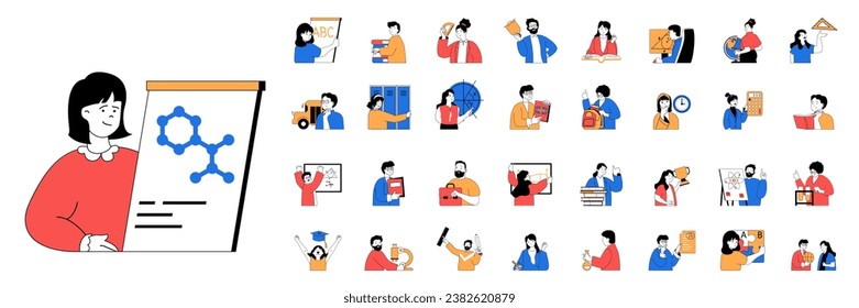 School learning concept with people situations mega set in flat web design. Bundle scenes of education process, pupils at lessons. Vector illustrations for social media banner, marketing material.