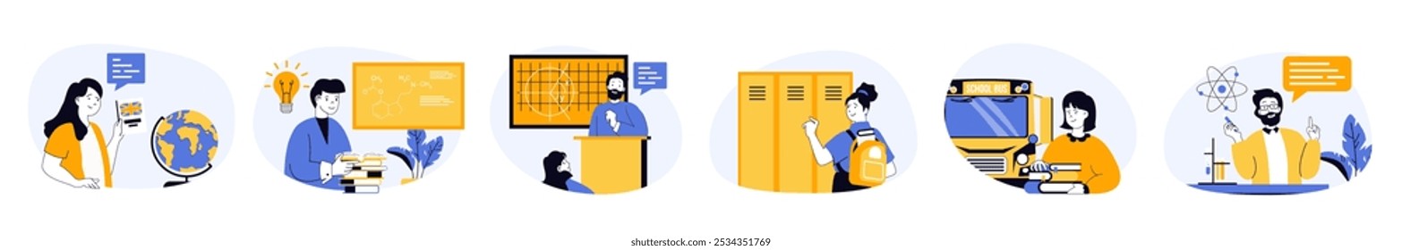 Conceito de aprendizagem escolar definido com personagens em design plano para web. Pessoas estudando línguas e ciências em aulas, resolvendo problemas de matemática, adquirindo novas cognições e habilidades. Ilustrações vetoriais.