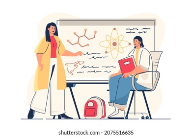 School learning concept for web banner. Student studying in classroom lesson, teacher explaining near blackboard, modern person scene. Vector illustration in flat cartoon design with people characters