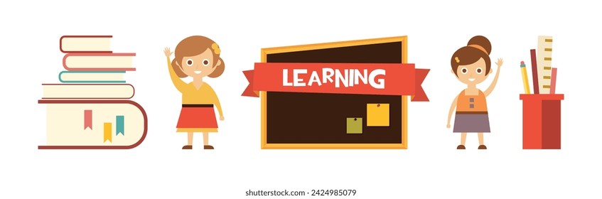 School Learning with Girl Kid, Chalkboard and Books Vector Set