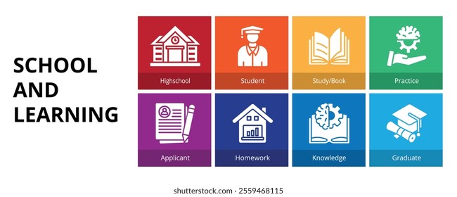 School and Learning Glyph Solid  Banner Web Icon Set Vector Illustration