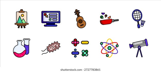 Coleção de ícones de aprendizado escolar para ciências sociais assuntos linguísticos e habilidades criativas
