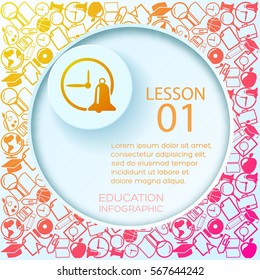 School learning infographic concept with place for text cut paper circle and colorful icons background vector illustration