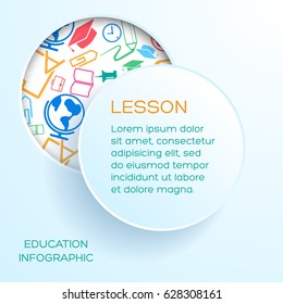 School learning infographics with cut out paper circle text and round hole with colorful icons vector illustration