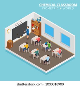 School and learning isometric concept with teacher and children on blue background vector illustration