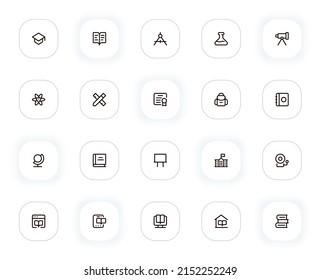 School and learning line icons set. Graduation hat, book, tube, atom, diploma and other buttons. Vector outline pictograms for web and ui, ux mobile app design. Editable Stroke. 24x24 Pixel Perfect.