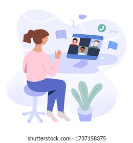 School learning on video conference, girl at desktop making group video call for studying at home during self-isolation and quarantine, distant e-learning concept, vector cartoon illustration