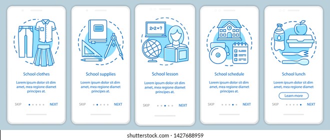 School learning onboarding mobile app page screen vector template. Knowledge gaining, education walkthrough website steps with linear illustrations. UX, UI, GUI smartphone interface concept