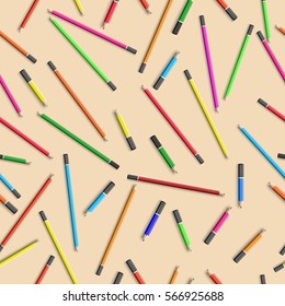 School learning seamless pattern with colorful wooden pencils in realistic style vector illustration