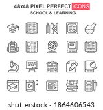 School and learning thin line icons. Graduation hat, stationery, textbook, microscope, backpack, globe unique icons. Outline vector bundle for UI UX design. 48x48 pixel perfect linear pictogram pack.