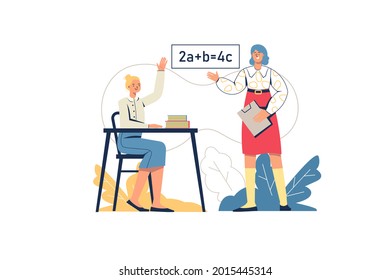 School learning web concept. Schoolgirl answers in lesson, teacher teaches subject. Student at exam. Primary education, training, minimal people scene. Vector illustration in flat design for website