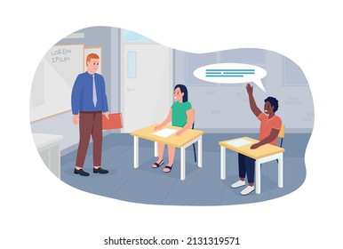 School lesson 2D vector isolated illustration. Teacher and students flat characters on cartoon background. Acquiring knowledge. Classroom discussion colourful scene for mobile, website, presentation