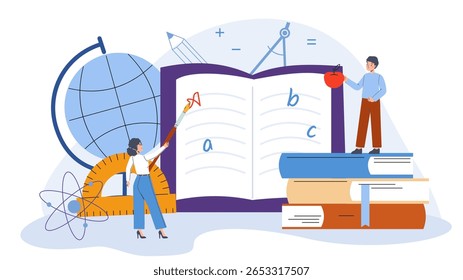 Conceito abstrato de aula escolar. Aluno, aluno escreve carta em livro ou caderno. Educação, ciência diferente, leitura. Garoto com maçã vermelha, cena vetorial