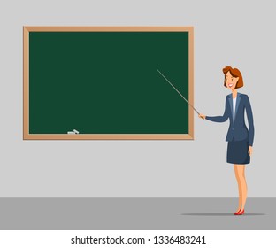 School lesson cartoon vector color illustration. Female teacher standing with pointer near blackboard. Tutor, educator flat character. Classroom empty, blank chalkboard. Elementary school education