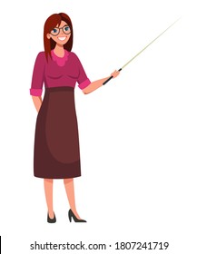 School lesson cartoon vector color illustration. Female teacher standing with pointer. Tutor, educator flat character. Elementary school education