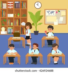 School lesson. School children in classroom at lesson. vector. 