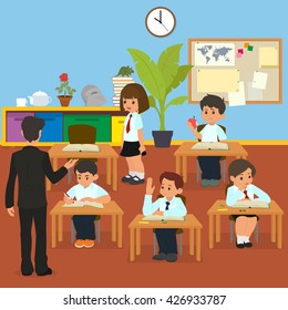 School lesson. School children in classroom at lesson. vector. children sitting at the lesson in the classroom. 