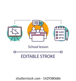 School Lesson Concept Icon. Students At University Lecture, Pupils Sitting At Desks. Geometry, Maths Classes. Lesson Planning Thin Line Illustration. Vector Isolated Outline Drawing. Editable Stroke