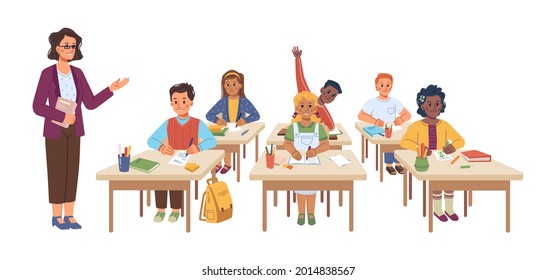 School lesson educational process, isolated teacher and children sitting at desks. Professor asking kid raising hand, obtaining knowledge, practice at classes. Flat style cartoon character vector