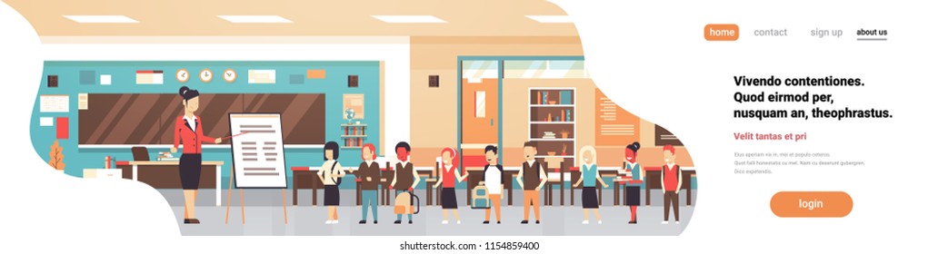 School lesson female teacher holding pointer flip chart mix race pupils standing board classroom horizontal banner copy space flat vector illustration