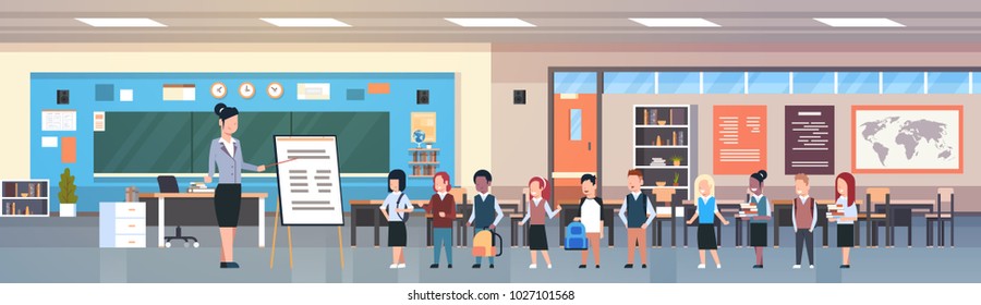 School Lesson Female Teacher With Pupils Standing In Front Of Board In Classroom Horizontal Banner Flat Vector Illustration