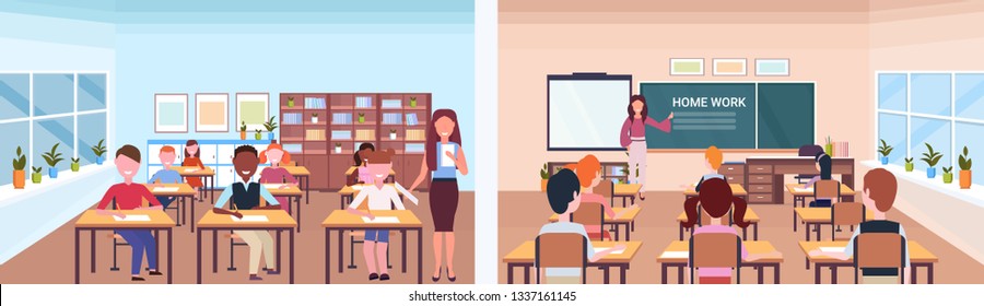 school lesson female teacher with pupils set front back view of classroom modern school interior education concept horizontal banner full length flat