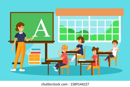 School lesson in first grade. Teacher explaining alphabet to children and showing letter A on a chalkboard. Little students sit at a desk and look at the board. Flat style cartoon vector illustration.