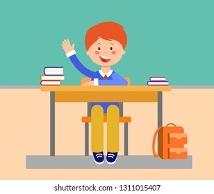 School lesson flat vector illustration. Student raising, putting up hand for answer. Schoolboy, cartoon character. Schoolkid sitting at desk with books, backpack. Elementary school education concept