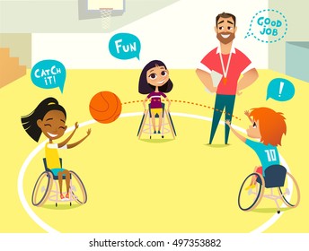 School Lesson. Handicapped Kids. Boys And Girls In Wheelchairs Playing Baseball In A Gum. Coaching Handicapped Young Sportsmen's. Medical Rehabilitation. Vector Illustration.