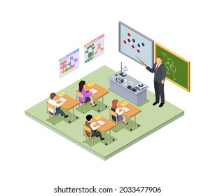 School Lesson Isometric Concept. Teacher, Children At Desks At Classroom. Chemistry Equipment And Molecular Formulas, Young Medical Students Vector Illustration