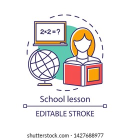 School lesson, learning process concept icon. Knowledge gaining idea thin line illustration. Elementary grade education. Globe and student with book vector isolated outline drawing. Editable stroke
