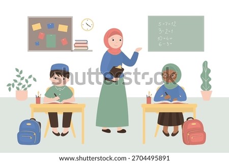 School lesson. Little arabic students and teacher. Classroom interior with furniture. Arab schoolboy and schoolgirl sitting at desk studying. Education, smart muslim students. flat vector illustration