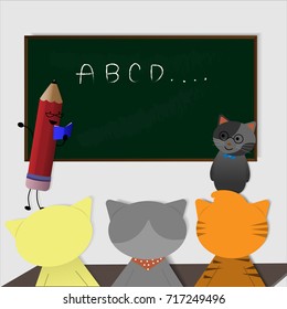 School lesson. Little students and teacher. Classroom with green chalkboard.
Flat style cartoon vector illustration.