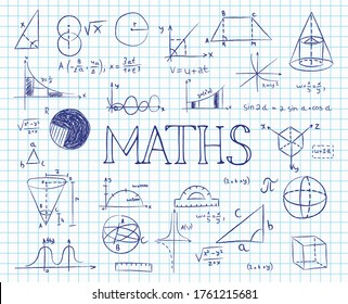 School lesson math, numbers, formulas, graphics, equations. Maths doodle with formulas, numbers and objects. Concept of education and home-based online learning. Hand drawn vector illustration.