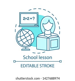 School lesson, math subject concept icon. Knowledge gaining idea thin line illustration. Elementary grade education. Globe and student with book vector isolated outline drawing. Editable stroke