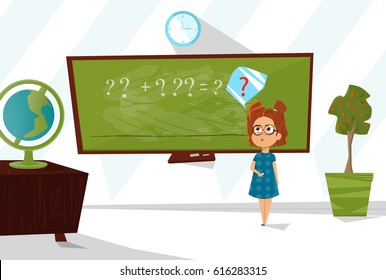 School Lesson Pupil  In Class Room Interior. Flat Vector Illustration
