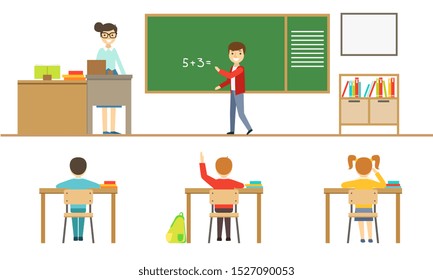 School Lesson, Pupils Sitting at Desk, View from Behind, Schoolboy Standing at Blackboard, Female Teacher Teaching Students Vector Illustration