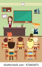 School Lesson Pupils And Teacher In Class Room Interior Flat Vector Illustration