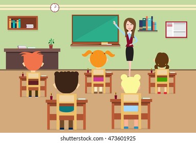 School Lesson Pupils And Teacher In Class Room Interior Flat Vector Illustration