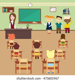 School Lesson Pupils And Teacher In Class Room Interior Flat Vector Illustration