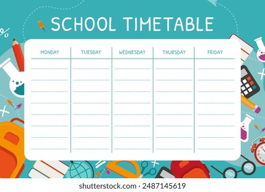 School lesson schedule for the week. Timetable template with school supplies. school planner. Blue background. Vector illustration