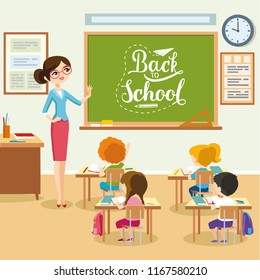 School lesson, students listen teacher in the classroom, children sit at a desk and look at the chalkboard. Vector eps 10 format.