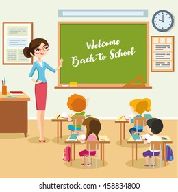 School lesson, students listen teacher in the classroom, children sit at a desk and look at the chalkboard. Vector eps 10 format.