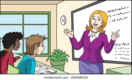 School lesson with students and teacher in classroom 