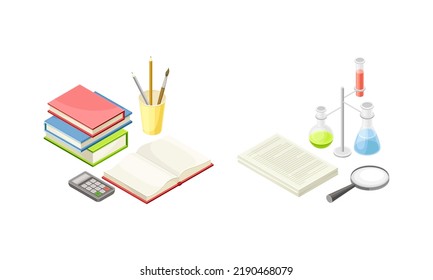 School Lesson with Subject Supplies with Pile of Books, Chemical Flask and Magnifying Glass Isometric Vector Set