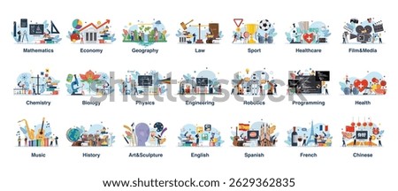 School lesson subjects and educational class set. Modern school education system. Education vector illustration.