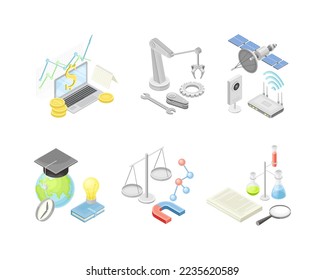 School lesson subjects and science objects set. Education supplies vector illustration