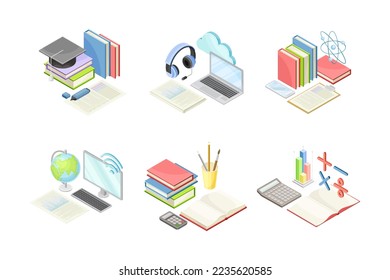 School lesson subjects set. Education supplies vector illustration